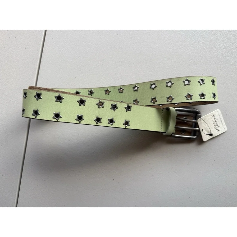 Free People Virgo Leather Belt XL Matcha Green Star Grommet Studded NWT